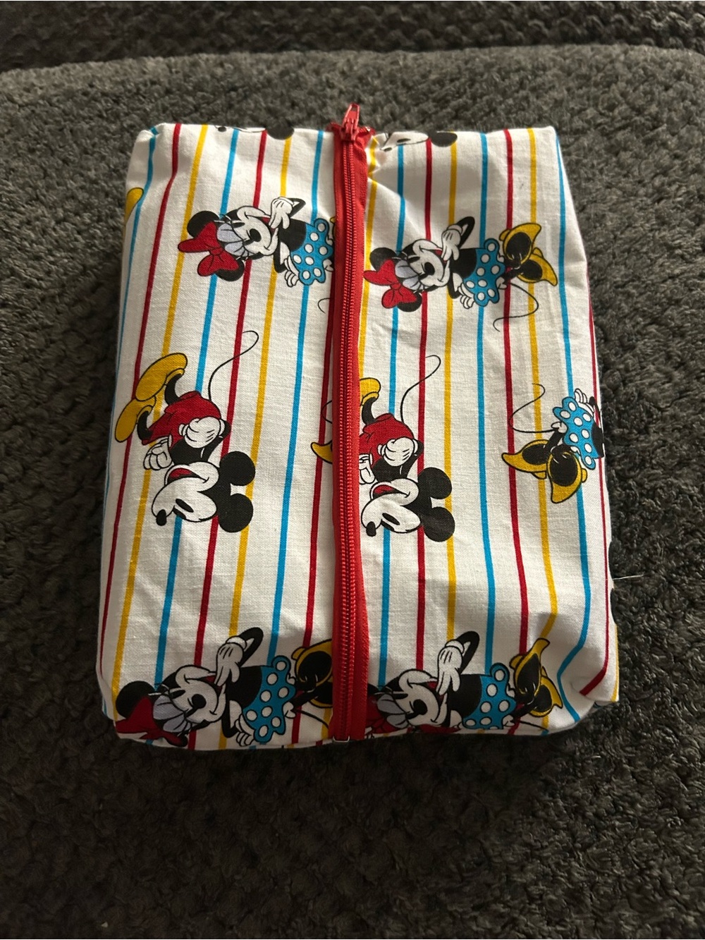 Hand Crafted White Cosmetic Pouch with Red, Yellow & Blue Stripes